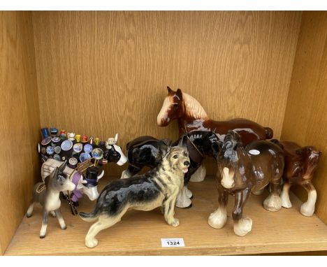 AN ASSORTMENT OF CERAMIC FIGURES TO INCLUDE SHIRE HORSES AND A DOG ETC 