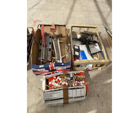 AN ASSORTMENT OF TOOLS AND HARDWARE TO INCLUDE AN OUTSIDE LIGHT, CLAMPS AND A PICK AXE ETC 