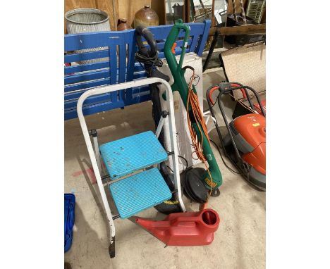 AN ASSORTMENT OF TOOLS TO INCLUDE A SMALL STEP LADDER, TWO ELECTRIC STRIMMERS AND STORAGE SHELVING ETC 
