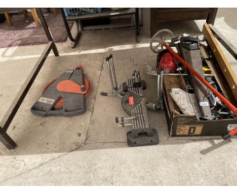 AN ASSORTMENT OF TOOLS TO INCLUDE A MITRE SAW AND COMPRESSOR FITTINGS ETC 