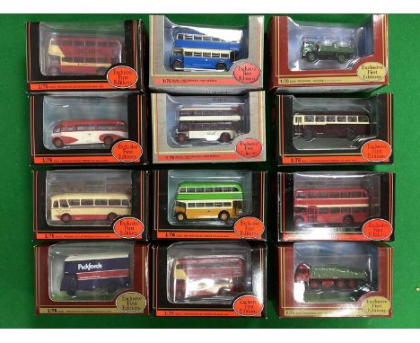 Twelve 1:76th Scale Diecast Model Buses and Commercial Vehicles by EFE including #24317 Leyland BET Bus - Chester City, boxed