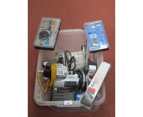 Eight Workshop/Hornby Items, comprising a Parkside bench grinder/polisher; a Rohs airbrush compressor (appears unused); two a