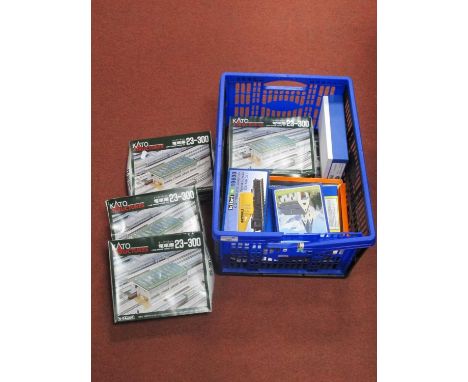 Nine 'N' Gauge Trackside/Layout Building Kits, comprising four Kato Ref No 23-300 engine house kits, a Pola Church; a Blair l