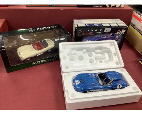 Two Autoart 1:18th Scale Diecast Model Cars. #71051 Chevrolet Corvette SS 1957, #73512 Jaguar XK SS 1956 Cream, model is loos