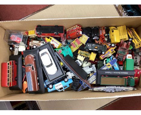 A quantity of diecast model cars, locomotives, commercial vehicles by Corgi, Oxford, Lledo, Matchbox and other. Playworn and 
