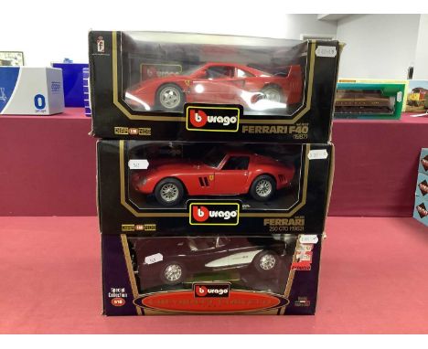 Three Burago 1:18th Scale Diecast Models comprising of Chevrolet Corvette 1957, Ferrari 250 GTO 1962, Ferrari F40 1987, boxed