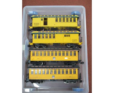 Four Bachmann 'G' Gauge U.S.A Outline Bogie Coaches, unboxed, two Union Pacific with R/No 628; and two "Railway Express Agenc