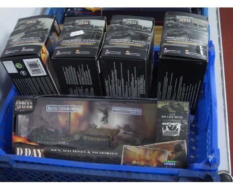 Five 1:72nd Scale Unimax Forces of Valour Diecast Model Military Vehicles including #85210 German Sd. Kfz.251/1 and 75mm PaK 