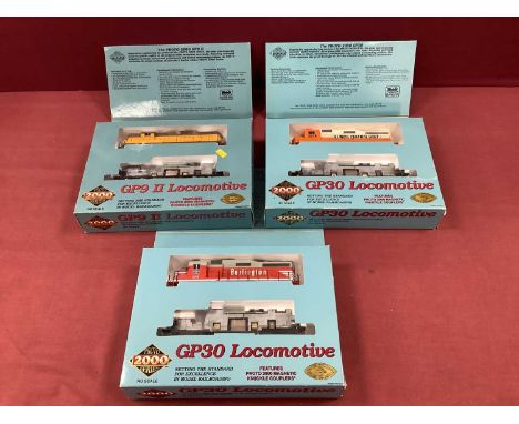 Three 'HO' Gauge Proto 2000 U.S.A Outline Diesel Locomotives, comprising two GP30's Ref No's 23099 and 23112, Burlington and 