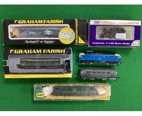 Five 'N' Gauge Diesel Locomotives, comprising A Farish Ref 371-078 Class 25 Bo-Bo two-tone BR green R/No D7549; a Farish Ref 