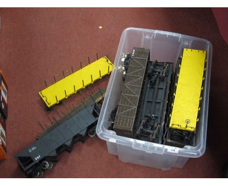 Ten 'G' Gauge Unboxed Items of Bogie Rolling Stock, by "Kit Built" (ore wagons) and others, comprising ore wagons, hopper, et