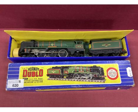 A Hornby Dublo 'OO' Gauge/4mm Ref No 3235 Three Rail 4-6-2 West Country Class Steam Locomotive with Six Wheel Tender, BR gree