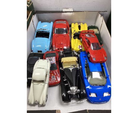 Ten 1:18/1:24 Scale Diecast Model Cars, by Burago, Polistil, to include Ferrari GTO, Bugatti 11GB, Jaguar XK 120 etc, small p