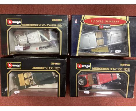 Four Burago 1:18th Scale Diecast Model Cars comprising of Lancia Aurelia B 24 Spider 1955, Mercedes Benz SSK 1928, Jaguar SS1