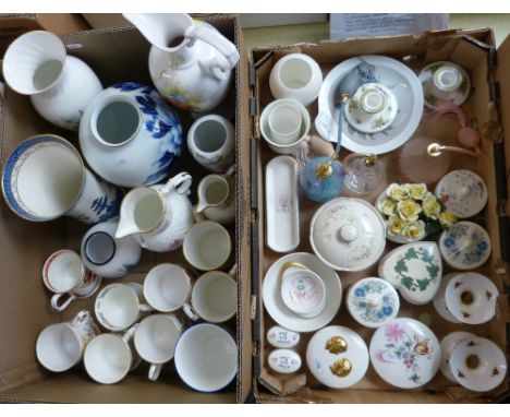 Three boxes of china and glass including jugs, vases, tableware, scent bottles, dressing table items, Suzie Cooper teapot, Sp