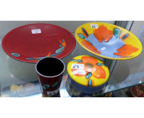 Two Poole pottery dishes together with a Poole pottery beaker and a Poole pottery dish with cover (4)
