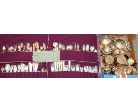 Three boxes of plated ware including tea service, basket and handle, flat ware, etc. (3)
