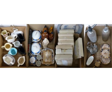 A Wade pottery sandwich set together with milk jug, Poole sauce boat, cruet, two metal bound soda syphons, a box of collector