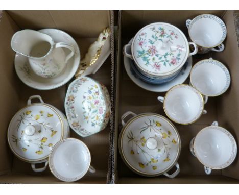 Two boxes of china including five Caverswall Christmas goblets, Wedgwood bell, Royal Winton bowl set, Minton Haddon Hall bowl