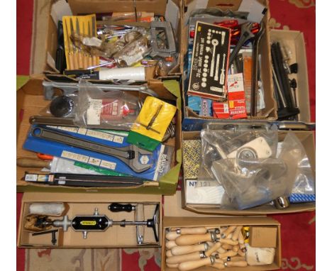 Seven boxes of tools including spanners, saws, sockets, screw drivers, door furniture, brand new Stanley Continental drill, w