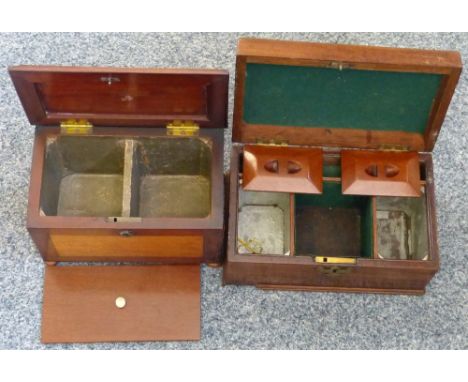A mahogany tea caddy with brass fittings together with another mahogany tea caddy on raised feet (2)