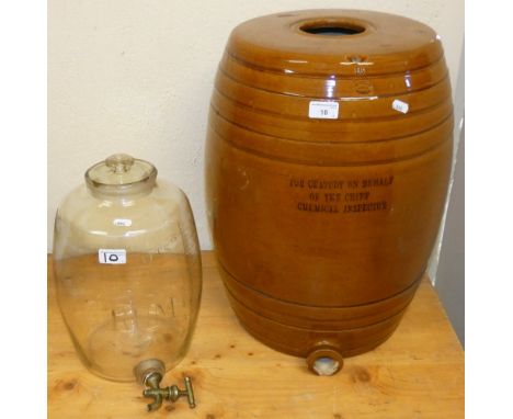 A Doulton &amp; Co, Lambwath ceramic barrel marked 'For custody on behalf of the chief chemical inspector' together with a gl
