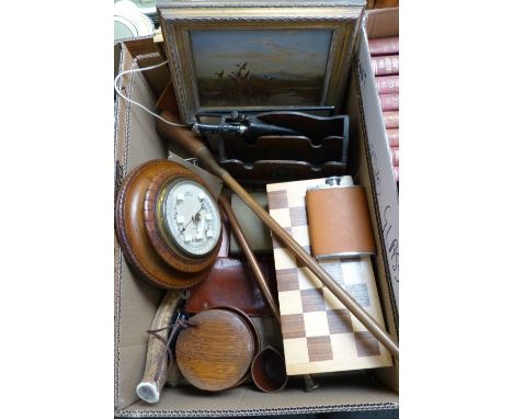 A box of miscellaneous including barometer, brass set, hunting horn, hip flask, 'priest' made from an antler, letter rack, da