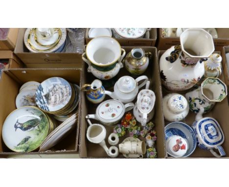 A box of collectors plates together with a box of floral ornaments, teapots, vases and a further box with Coalport ginger jar