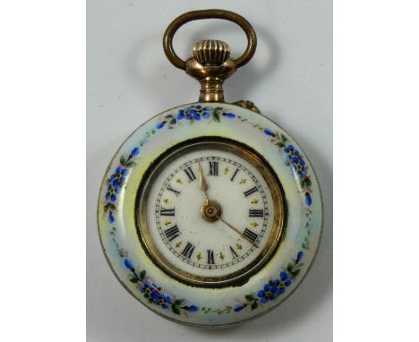 A Swiss enamel and gilt metal fob watch, the white glass dial with Roman numerals, the back cover with a portrait of a lady (