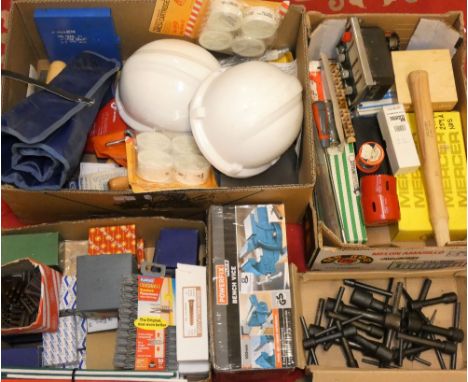 Four boxes of tools, fittings, etc., together with boxed bench vice