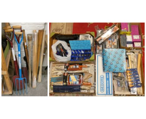 Four boxes of various tools, fittings, etc., together with four boxed furniture transport sets and various wooden handles, pi