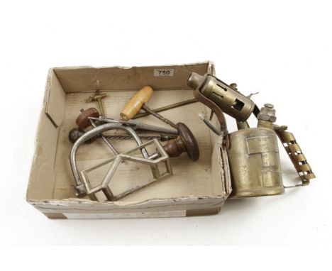 A brass blow lamp and other tools G