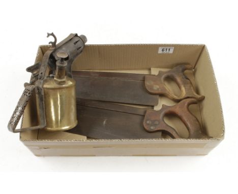 Two tenon saws and a brass blow lamp G-