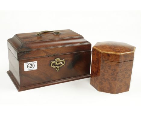 A foil lined octagonal burr walnut tea caddy 5" dia and 5" high and another mahogany tea caddy 10" x 6" x 6" with two boxes a