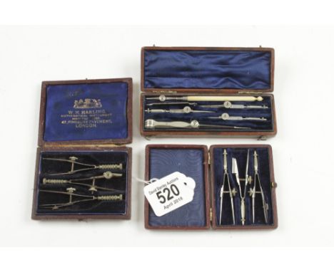 A set of three bow compasses by ELLIOTT in a Harling case, another set unnamed and a compass set all in leather cases G+