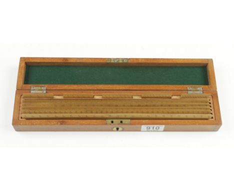A set of 5 boxwood engine divided rules and 5 offcuts by NEGRETTI & ZAMBRA London in orig fitted mahogany box G++