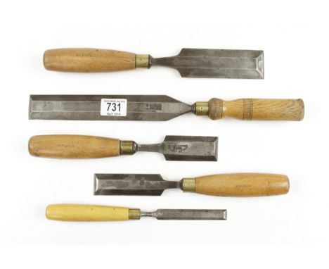 A 1 1/2" bevel edge paring chisel by MAWHOOD and four other bevel edge chisels G