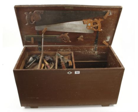A pine tool chest 36" x 18" x 18" with tools inc six saws, Estwing hammer etc 