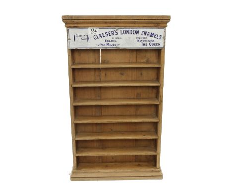 A Victorian 7 shelf pine shop rack advertising Glaeser's London Enamels by Special Appointment to Her Majesty the Queen G+
