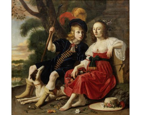 Dutch School, 17th CenturyPortrait of a couple with a dog in a landscape indistinctly signed and dated 'W ***ers./1652' (on w