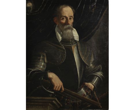 North Italian School, late 16th CenturyPortrait of a bearded man, three-quarter-length, in armour, standing before a curtain 