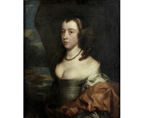 Attributed to Gerard van Soest (Soest circa 1600-1681 London)Portrait of a lady, half-length, in a blue dress, seated before 