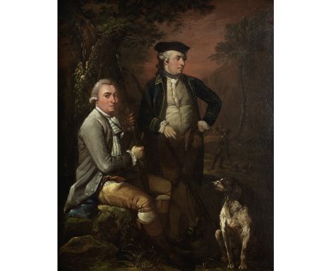James Millar (Birmingham 1740-1805)Portrait of two sportsmen in a landscape with a spaniel signed 'JMiller' (on rock, lower l