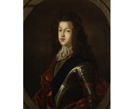 Follower of Alexis Simon Belle (Paris 1674-1734)Portrait of James Francis Edward Stuart, in armour, within a painted oval bea