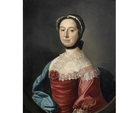 Henry Pickering (active Britain, circa 1741-circa 1771)Portrait of a lady, half-length, in a pink dress and blue shawl signed