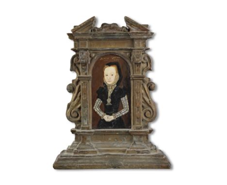 English School, 19th CenturyPortrait of a lady, half-length, in a black dress with embroidered sleeves oil on panel, arched t
