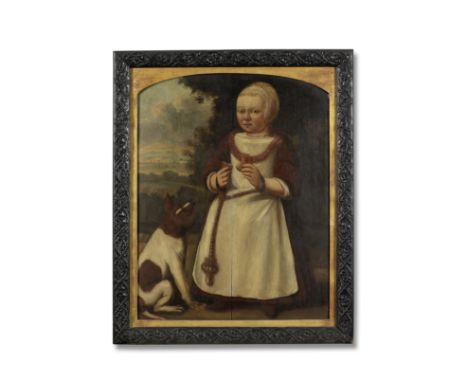 Dutch School, 17th CenturyPortrait of a child, holding a biscuit, standing beside a seated dog with a landscape beyond oil on