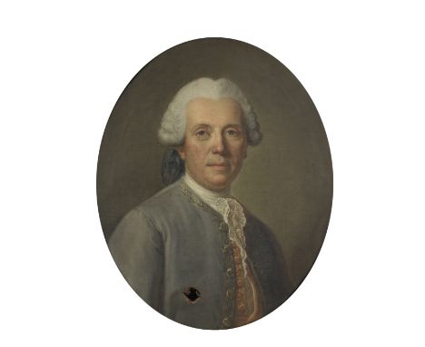 French School, late 18th CenturyPortrait of a gentleman, bust-length, in a grey coat oil on canvas, unlined, oval64.2 x 54.9c