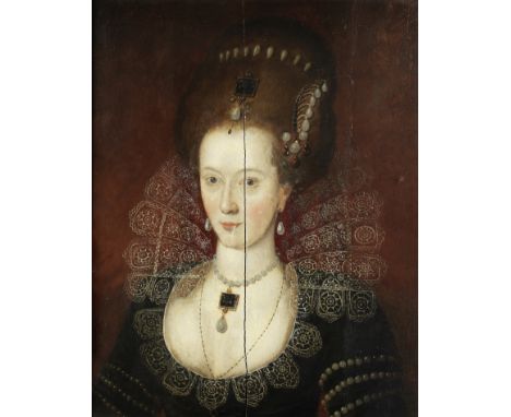 Circle of Robert Peake the Elder (circa 1551-1619 London)Portrait of a young lady, bust-length, with jewels in her hair oil o