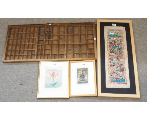A print block drawer, a hand tinted print etc Condition Report: Condition report not available on this lot. 